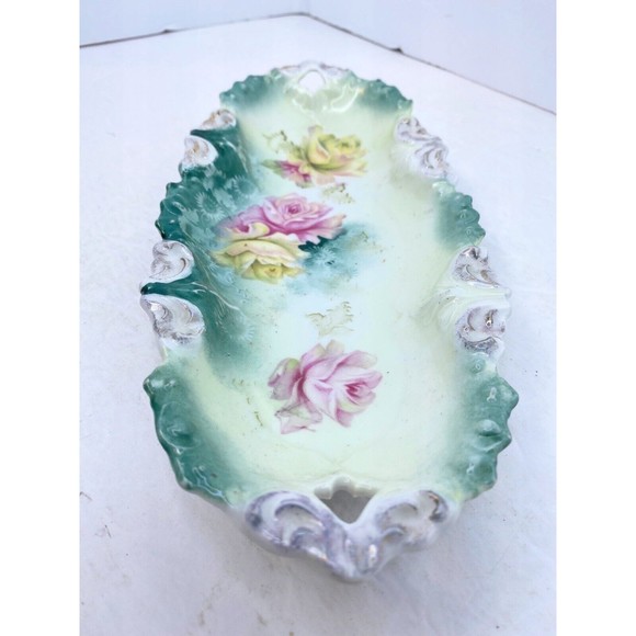 RS Prussia FLORAL 9.5” Dish GREEN ACCENT, Vintage - Picture 3 of 12